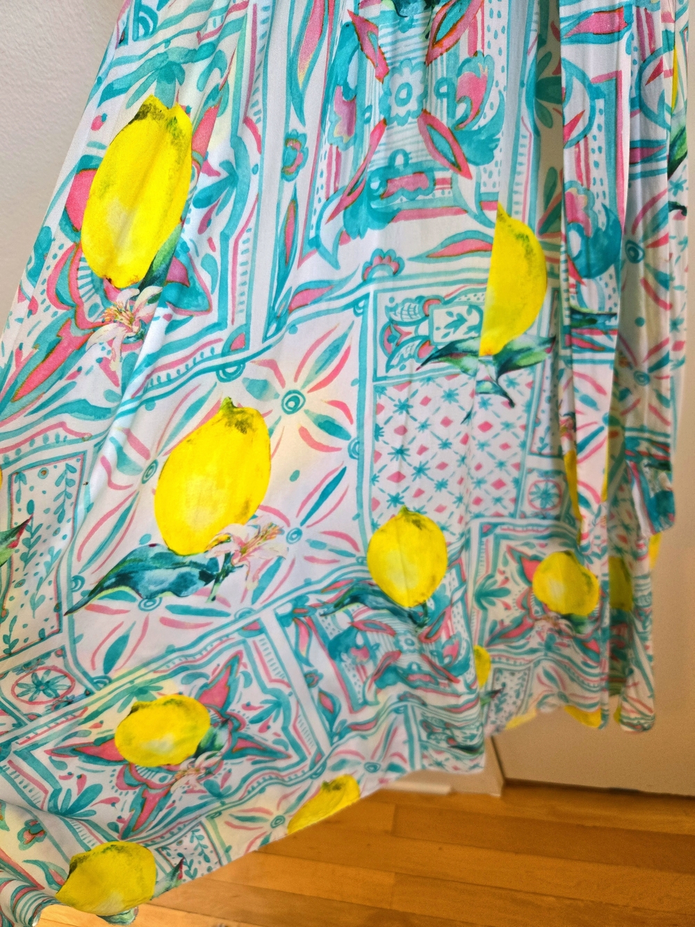 Lemon Print Wrap Midi Dress Amalfi Coast Tile Faux Wrap Made in Italy - Picture 6 of 7